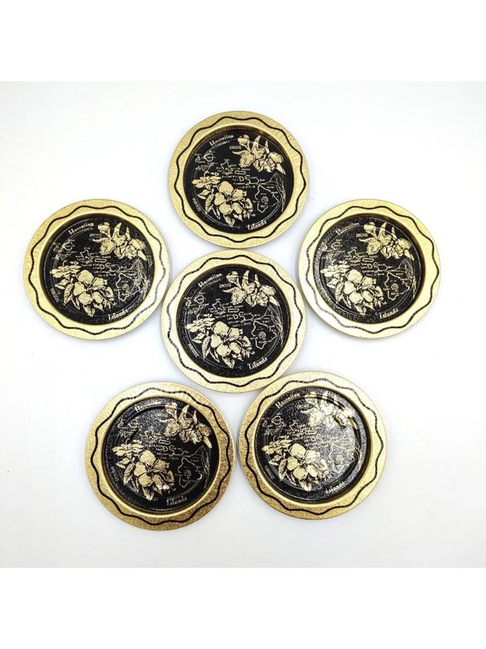 Hawaii Souvenir Metal Coaster Set 6 Vintage Gold Black Orchid Island Map 3.5